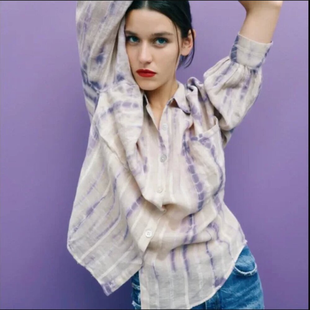 Zara Tie-Dye Linen Blend Blouse Limited Edition Womens Size Small Purple Relaxed